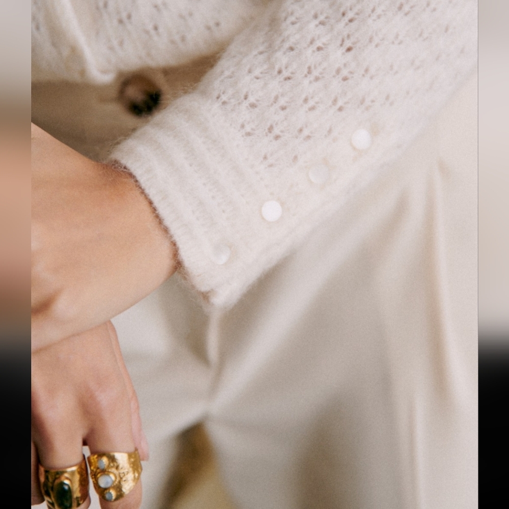 Sezane Saphia Wool/ Kid Mohair Delicate Fancy Openwork Knit White Cardigan - Picture 5 of 14
